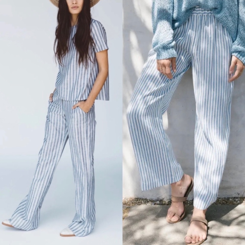Jenni Kayne The Striped Linen Pant Wide Leg Pants Elastic Waist Blue XL
